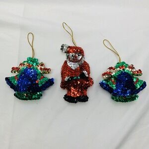 Vintage Hand Stitched Beads Sequin CHRISTMAS TREE ORNAMENTS Lot Set of 3 Pieces